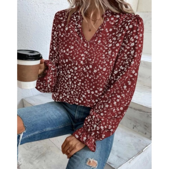 Tops - Boho floral print flounce sleeve blouse